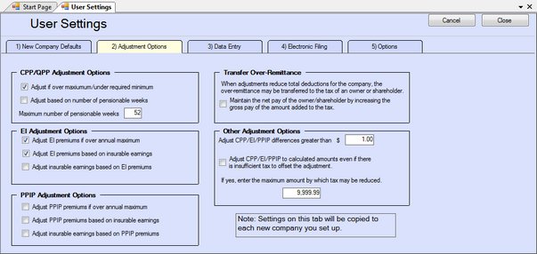 Adjustment Options Defaults